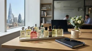 A soft floral perfume bottle highlighting subtle, non-intrusive floral notes suited for open-plan UK offices.