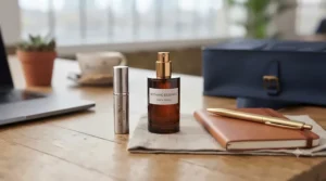 A delicate atomiser bottle representing subtle, long-lasting fragrances suitable for shared open-plan workspaces.
