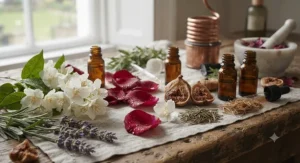 A sustainable glass bottle of natural perfume for women, reflecting eco-friendly design.