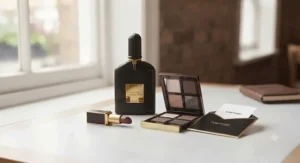 A beautifully curated Tom Ford beauty set, including a Black Orchid perfume, a lipstick, and an eyeshadow quad, resting on a marble surface.