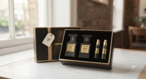 An exquisite Tom Ford Private Blend gift set, featuring miniature bottles of Oud Wood and Tobacco Vanille, presented in an elegant black and gold box.