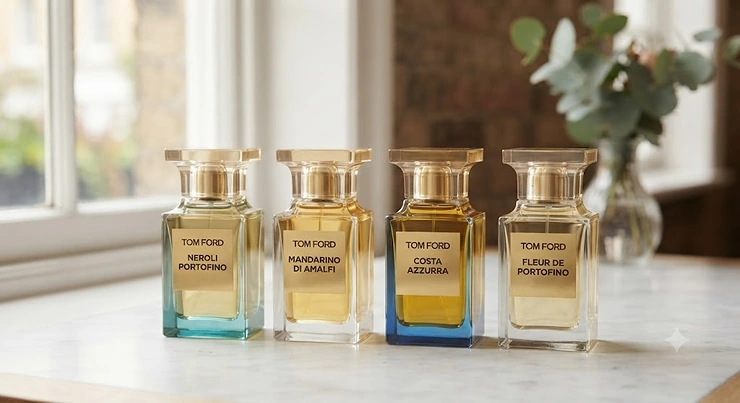 An elegant woman enjoying a sophisticated afternoon tea in a London cafe, featuring a copy of The Sunday Times and a Tom Ford fragrance display nearby. tom ford perfume women top