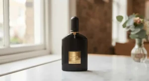 A top-down view of a curated selection of Tom Ford fragrances for women, including Black Orchid and Velvet Orchid, displayed on a clean white marble surface.