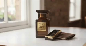 The extensive Tom Ford Private Blend collection, presented in signature dark glass bottles within a bespoke, velvet-lined display drawer.