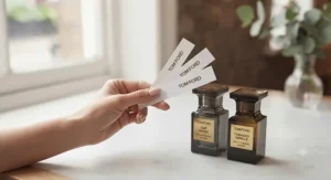 A beauty consultant holding Tom Ford fragrance blotters, demonstrating the art of scent selection to a customer in a high-end department store.