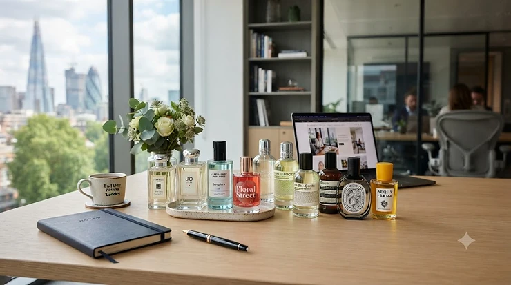 Flat-lay of luxury perfume bottles on a clean office desk representing the top 10 office-safe perfumes for professional wear in the UK. top 10 office-safe perfumes