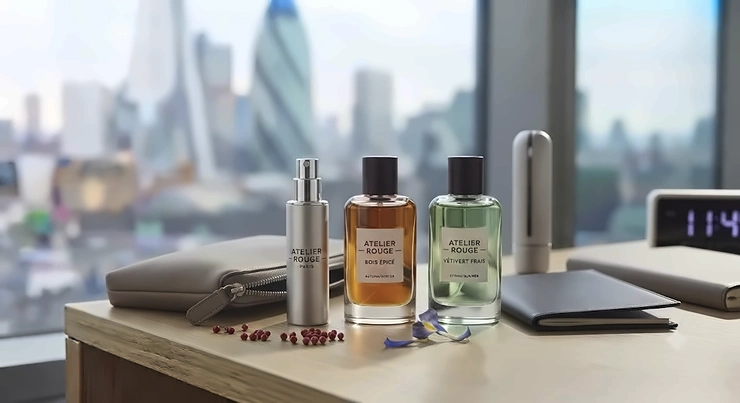 Pocket-sized unisex office fragrance bottle fitting neatly into a work bag for daily commuters. unisex office fragrance
