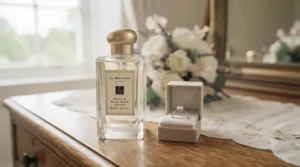 A close-up of a designer perfume bottle resting next to a diamond engagement ring, highlighting a popular wedding perfume for a bride.