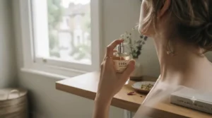 A woman applying a cruelty-free signature scent, highlighting ethical beauty.