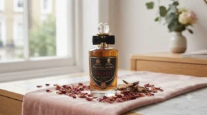 Sophisticated amber and woody perfume bottle on a velvet display stand