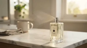 Warmly lit perfume flacon featuring rich, comforting scent notes, set against a cozy wool scarf and structured work folio.