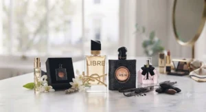 A curated collection of various YSL perfume bottles and travel-size atomisers displayed elegantly on a white marble dressing table.