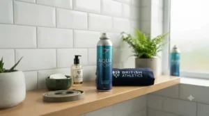 A modern bathroom shelf displaying a versatile fresh aquatic scent for sport suited for both pre-work workouts and weekend sports.
