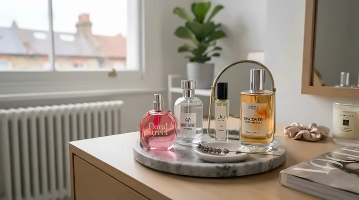 A collection of affordable everyday fragrance bottles displayed on a modern dressing table, representing budget-friendly British perfumes. affordable everyday fragrance
