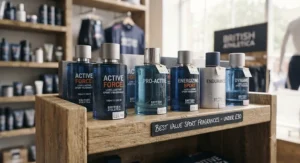 A neat display of various British Athletica sport fragrances on a rustic wooden shop shelf, each with a price tag under £30 clearly visible.