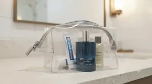 Compact travel size sport fragrance nestled inside clear airport security liquid bag for hand luggage.