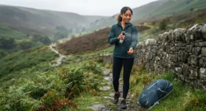 A hiker braving changeable British weather while enjoying a sweat-resistant fresh scent for active lifestyle adventures.
