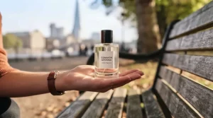 Someone applying a subtle spritz of a daily unisex casual fragrance to their wrist.