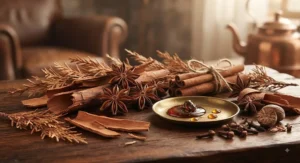 Warm-toned graphic of autumn perfume notes featuring cedarwood and warm spices ideal for transitioning seasons.