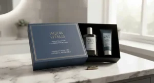 An elegantly packaged gift set featuring a popular daily cologne for men under £40 resting on a marble countertop.