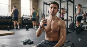 A fit, sweaty British man applying a spray of the 'Active Force' sport fragrance from image_0.png onto his neck in a busy gym after an intense workout.