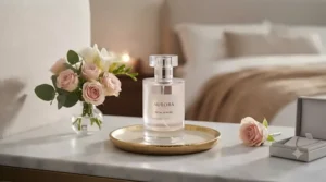 A minimalist bottle of floral and soft musk perfume displayed next to fresh rose petals for a first date.