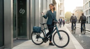 A city commuter arriving at the office by bicycle, staying vibrant with a reliable fresh scent for active lifestyle commutes.