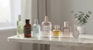 A curated collection of various everyday perfume for women bottles lined up on a marble shelf.