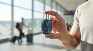 Person holding a lightweight travel size sport fragrance bottle showing its compact scale.