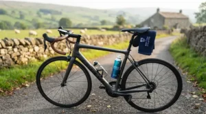A road bicycle parked outdoors, accompanied by a clean, energising fresh aquatic scent for sport designed for active endurance lifestyles.