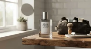 A sleek glass bottle of daily cologne for men under £40 displayed neatly on a rustic wooden bathroom shelf alongside a grooming kit.