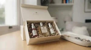 Detailed view of an elegant glass fragrance bottle labelled for delicate and reactive skin types.