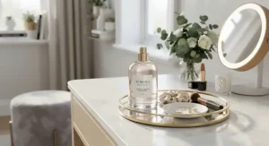 An elegant bottle of everyday perfume for women displayed on a modern dressing table.