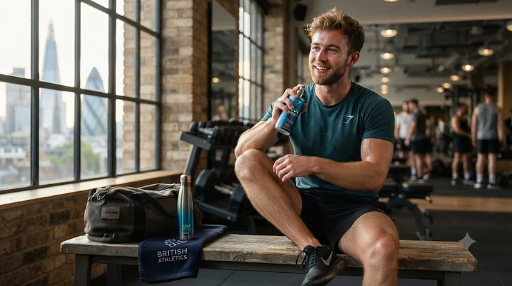 A vibrant bottle of fresh aquatic scent for sport on a sleek gym bench, capturing an invigorating fragrance for active British men and women. fresh aquatic scent for sport
