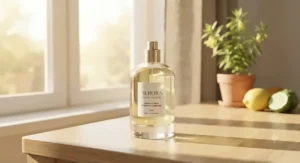 A minimalist glass bottle of fresh citrus everyday perfume for women sitting in natural sunlight.