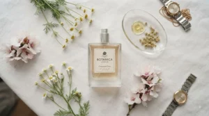 Fresh white cotton fabrics next to a delicate floral perfume bottle, evoking a clean and airy daily scent.