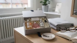 A beautifully packaged gift box containing an affordable everyday fragrance set ready for a birthday present.