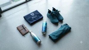 Flat-lay style view of men's and women's fitness gear featuring a signature fresh aquatic scent for sport as a daily training essential.