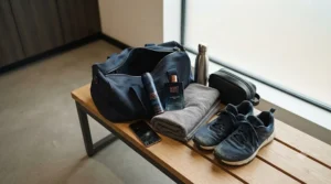 A neat flat lay of gym bag essentials featuring a deodorant and cologne combo for post-workout freshness.