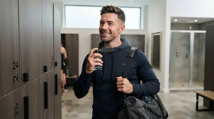 Man applying a fresh gym fragrance for men after a workout in a modern British health club locker room. gym fragrance for men