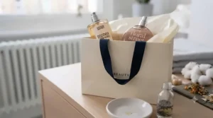 Shopping bags and a receipt next to a newly purchased bottle of an affordable everyday fragrance from a UK retailer.