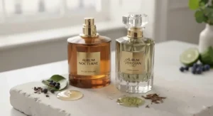 Two complementary perfume bottles side-by-side illustrating how to layer fragrances for a custom all-season scent.
