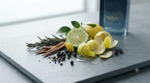 Close-up of natural ingredients like bergamot zest, black peppercorns, and cedarwood, which form the scent profile of the post-workout fragrance.