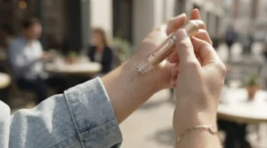 Close-up of a leak-proof rollerball perfume being applied lightly to the wrist, offering mess-free top-ups while travelling.