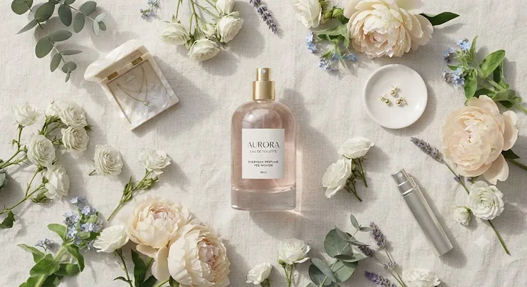 A flat lay arrangement of fresh flowers and a bottle of light floral everyday perfume for women.