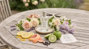 An infographic illustrating the top, heart, and base notes of a light summer fragrance, featuring citrus and floral accents.