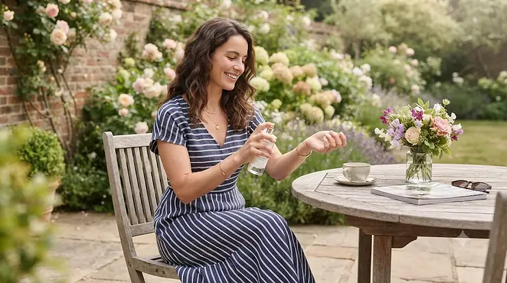 A delicate glass perfume bottle resting on a rustic wooden table surrounded by fresh British summer flowers, capturing a light summer fragrance. light summer fragrance