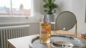 Close-up of a perfume bottle spraying an affordable everyday fragrance known for its long-lasting scent on skin.