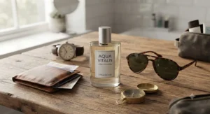 A flat lay style photograph showcasing a bottle of daily cologne for men under £40 styled with a leather wallet, wristwatch, and sunglasses.