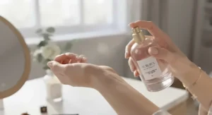 Close-up of a hand spraying a long-lasting everyday perfume for women onto the wrist.